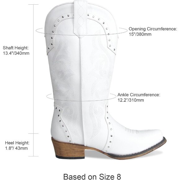 Women White Rivet Vintage Elements Mid-Calf Cowgirl Boots Square Toe Chunky - Picture 4 of 6
